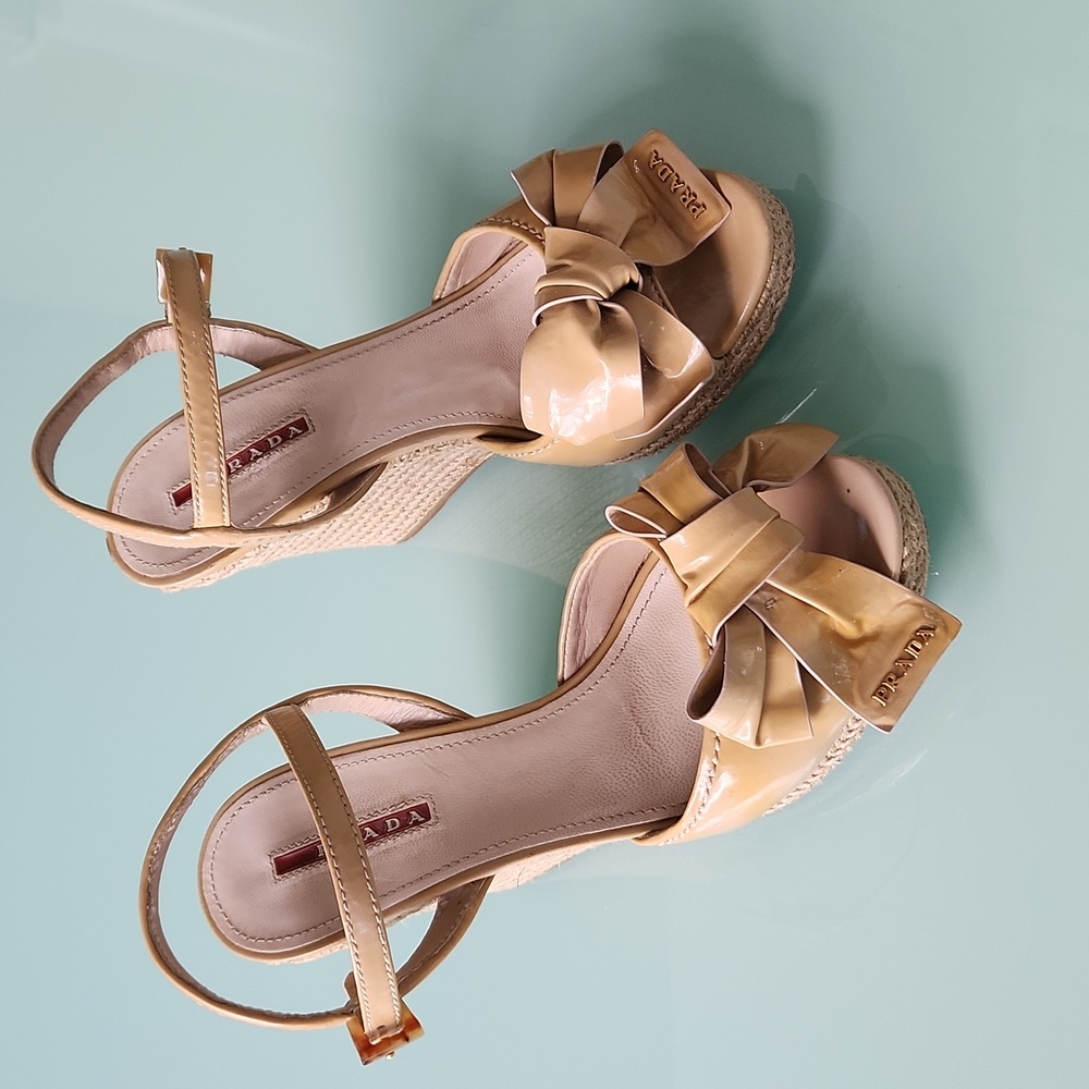 Prada beige leather wedges sandals